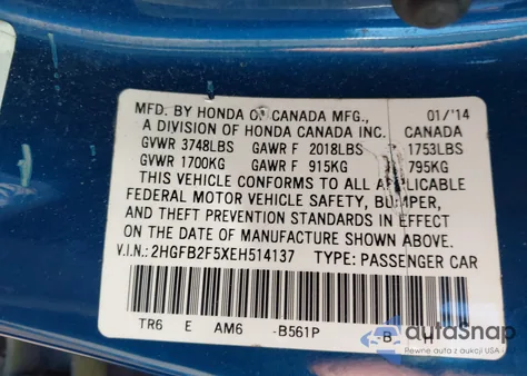 2014 Honda Civic Lx z USA, uszkodzony, nr VIN 2HGFB2F5XEH514137